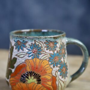 Poppy & blue daisies mug