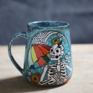 Skeleton in the rain mug